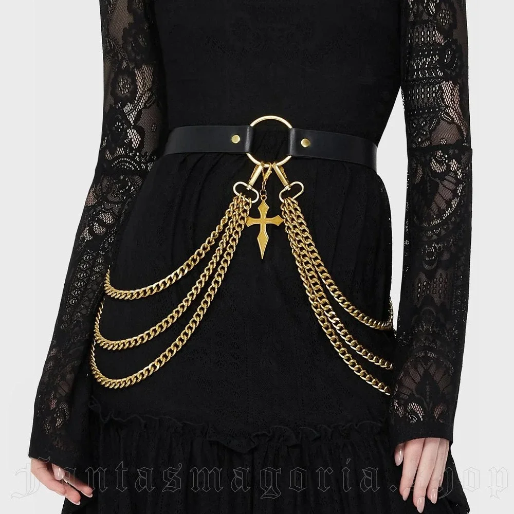 Killstar Poised Opulence Black Gold Cross Chain Belt XS-M Gothic Alt Accessory